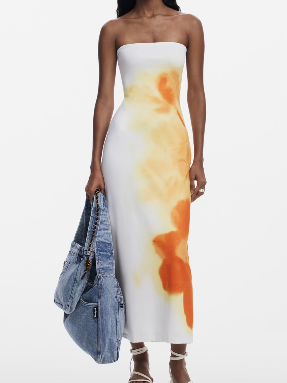 Desigual White Abstract Place Floral Strapless Maxi Dress